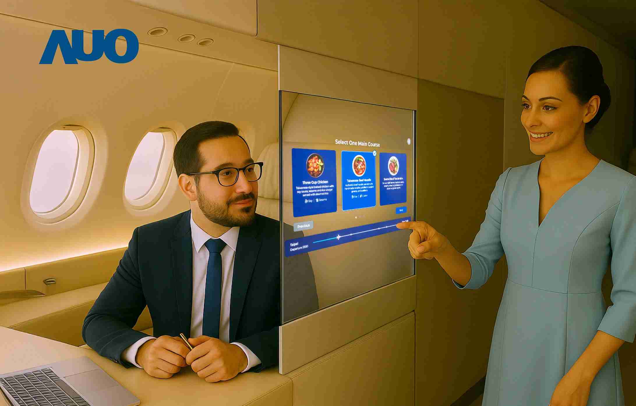 尊龙z6研发全球最薄17.3 吋双面透明 Micro LED 显示器，，，，可在同一屏幕之双边投射不同信息，，，，创造独特的”透明化”互动；图为实时翻译交流应用情境